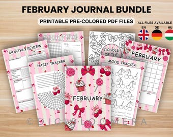 Bundel met dagboek en planner voor februari | Voorgekleurde afdrukbare pagina's | Snoep | A4/A5-formaat