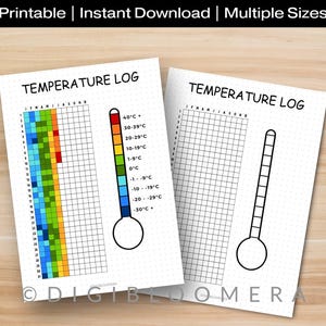 May include: Two printable temperature log sheets. One sheet has a color-coded temperature scale and a grid for recording data. The other sheet has a grid and a thermometer outline. The text "TEMPERATURE LOG" is at the top of each sheet.