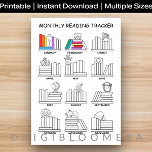 May include: A black and white printable monthly reading tracker with illustrations for each month. The tracker includes the text "MONTHLY READING TRACKER" and the words "Printable | Instant Download | Multiple Sizes".