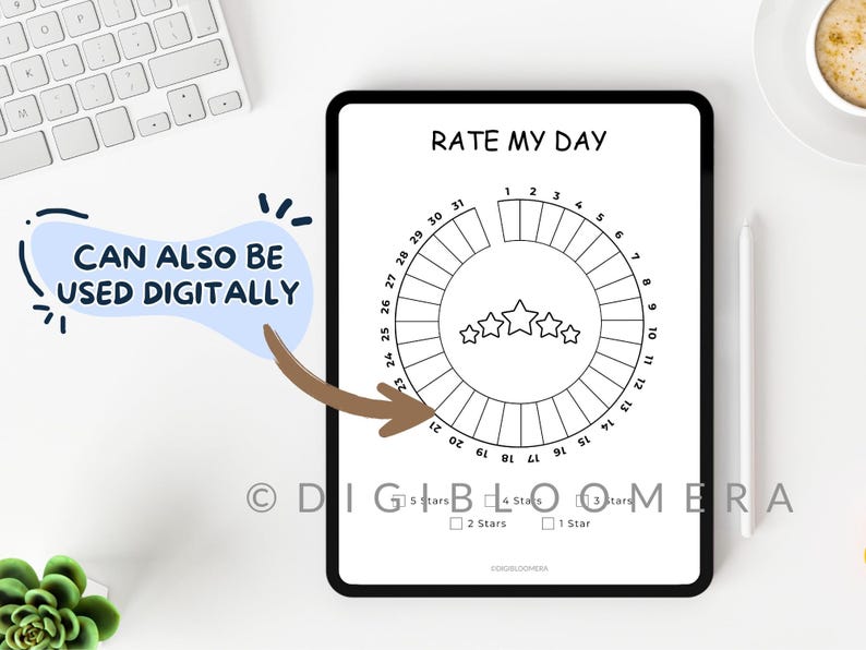Op de afbeelding: Een digitale planner op een tablet met de tekst "RATE MY DAY". De planner heeft een cirkelvormig beoordelingssysteem met sterren en de nummers 1-31. De tekst "CAN ALSO BE USED DIGITALLY" is ook aanwezig.