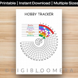以下が含まれることがあります： 「HOBBY TRACKER」というタイトルの、印刷可能な趣味トラッカー。読書、絵画、かぎ針編み、ピアノ、写真、ハイキング、ガーデニングのセクションが含まれています。進捗状況を追跡するためにカラフルなホイールデザインが使用され、1〜31の数字が使用されています。