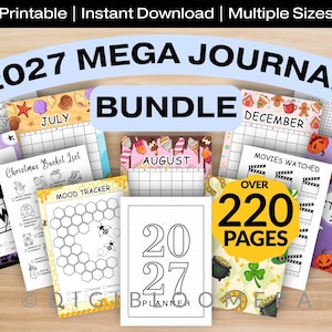 May include: A 2027 Mega Journal Bundle printable planner with over 220 pages. The collection features various monthly calendar pages, mood trackers, and themed activity lists with illustrations of pumpkins, ghosts, bees, and seasonal icons.