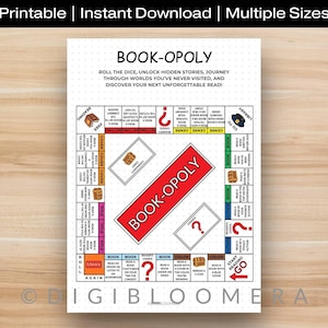 May include: A printable board game titled "BOOK-OPOLY" with a red and white central game board. The game board features spaces with book-related actions and instructions. The top of the image reads "Printable | Instant Download | Multiple Sizes".