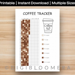 Può includere: Un tracker di caffè stampabile con una griglia per il monitoraggio quotidiano e un'illustrazione di una tazza di caffè. Il tracker include una scala per il numero di tazze consumate, da 0 a 6+ tazze. Il testo "Coffee Tracker" è in alto.