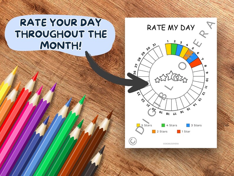 Op de afbeelding: Een witte "Rate My Day" grafiek met een cirkelvormig ontwerp, met een sterrenbeoordelingssysteem en de tekst "RATE MY DAY" en "RATE YOUR DAY THROUGHOUT THE MONTH!". Gekleurde potloden in verschillende kleuren zijn gerangschikt op een houten oppervlak.