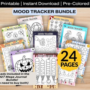 May include: A printable mood tracker bundle featuring 24 pages of black and white line art designs including candy canes, shamrocks, jellyfish, music notes, pumpkins, and ice cream cones, with text labels reading Mood Tracker and 24 Pages.