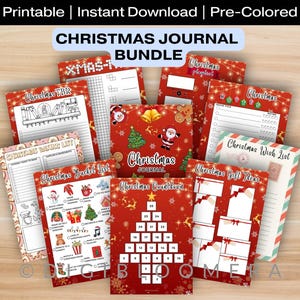 May include: A Christmas journal bundle featuring multiple printable pages with red backgrounds, festive illustrations of Santa, reindeer, and trees, and text including Christmas Bucket List, Christmas Countdown, and Christmas Gift Ideas.