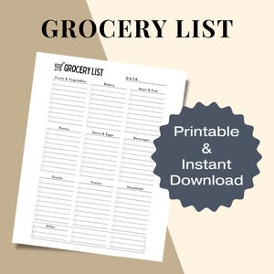 Grocery List Printable, Grocery Planner, Grocery Shopping List, Grocery List Template, Instant Download