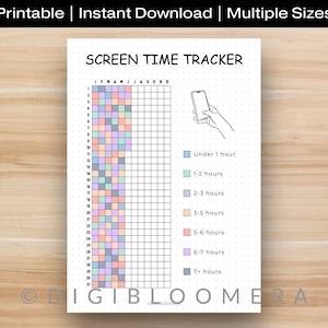 Peut inclure: Un suivi du temps d'écran imprimable avec une grille pour suivre l'utilisation quotidienne. Le suivi comprend une clé codée par couleur pour les intervalles de temps, allant de moins de 1 heure à plus de 7 heures. Le texte "SCREEN TIME TRACKER" est en haut.