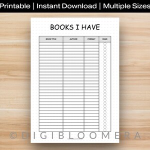 Può includere: Un registro di lettura stampabile in bianco e nero intitolato "BOOKS I HAVE". La pagina include sezioni per il titolo del libro, l'autore, il formato e un elenco di controllo di lettura. La parte superiore della pagina recita "BOOKS I HAVE".