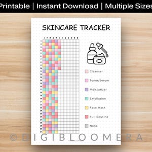 May include: A printable skincare tracker with the title "SKINCARE TRACKER". The tracker includes a grid for tracking daily skincare routines, with color-coded sections for different skincare steps. The top of the image has the text "Printable | Instant Download | Multiple Sizes".
