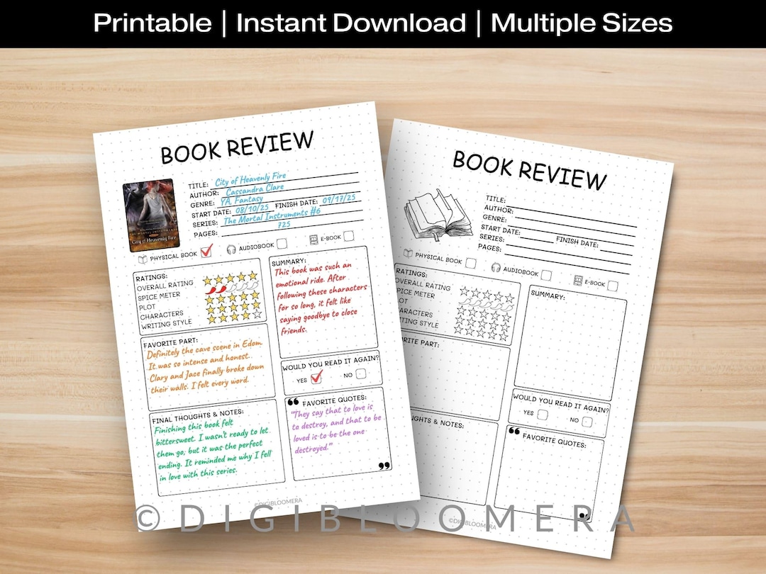 Book Review Template | Printable Reading Journal Page - Etsy