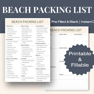 Beach Packing List PRINTABLE, Fillable Beach Packing List, Beach Vacation Checklist, Travel Vacation Planner, Instant Download