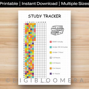 Puede incluir: Un rastreador de estudio imprimible titulado "STUDY TRACKER". Tiene una cuadrícula con cuadrados de colores que indican el tiempo de estudio y una leyenda con categorías de tiempo de estudio. La imagen también incluye el texto "Printable | Instant Download | Multiple Sizes".
