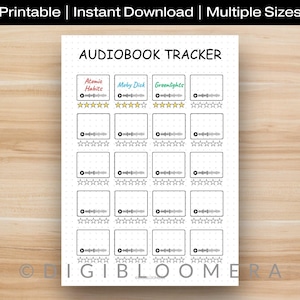 Könnte beinhalten: Ein weißer, druckbarer Hörbuch-Tracker mit dem Titel "AUDIOBOOK TRACKER" oben. Der Tracker enthält Felder zum Aufzeichnen von Hörbuchtiteln und deren Bewertung. Die oberste Reihe zeigt "Atomic Habits", "Moby Dick" und "Greenlights".