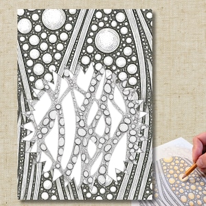 Peut inclure: Une page de coloriage en noir et blanc présentant un motif abstrait complexe composé de cercles, de points et de lignes courbes. Le design inclut une forme centrale en étoile remplie de formes organiques reliées, entourée de textures denses.