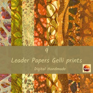 Può includere: Nove stampe Gelli di Leader Papers con vari motivi astratti nei toni dell'arancione, del verde e del viola. Il testo "Leader Papers Gelli prints" e "Digital Handmade" è visualizzato sull'immagine.