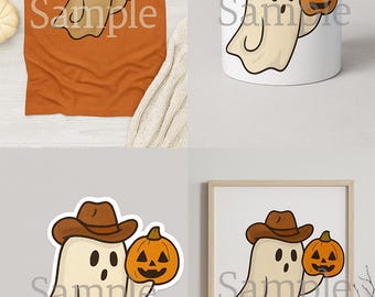 Cowgirl Ghost with Pumpkin Hat PNG