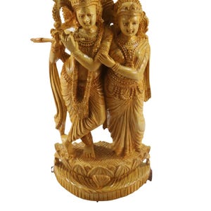 Radha Krishna Wooden Statue | Hand-Carved Shivani Wood Sculpture | Hindu God Figurine for Temple & Home Decor