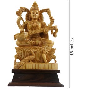 Beautiful Saraswathi Wooden Statue – Hand Carved Hindu Goddess Idol | South Indian Shivani Wood Sculpture | Temple Decor & Spiritual Gift