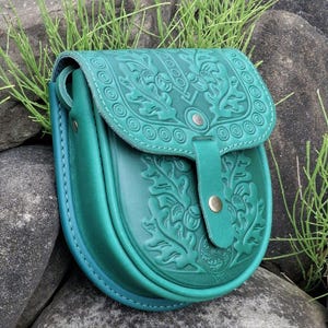 Embossed leather bag Green bag  Ethnic leather bag Mini shoulder bag Genuine leather bag Leather mobile phone case Everyday crossbody bag