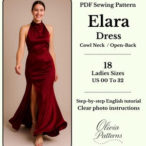 Cowl neck Kleid Schnittmuster PDF, rückenfreies Kleid Schnittmuster, Abendkleid mit offenem Rücken, Seitenschlitz Kleid, fit und flare Kleid, 18 Größen 00-32.