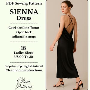 Backless Slip Dress Sewing Pattern PDF, Cowl Neck Dress, Satin dress pattern, Prom Dress Pattern, Wedding dress pattern, 18 Sizes 00–32.