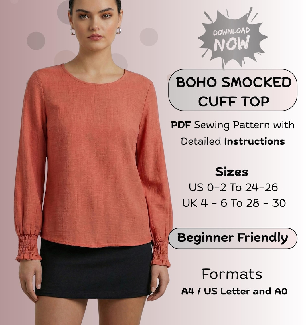 Bishop Sleeve Blouse Sewing Pattern PDF | Boho Smocked Cuff Top | Women ...