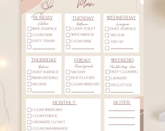 Op de afbeelding: Een beige schoonmaakplan checklist met een vlindergrafiek. Het plan omvat dagelijkse, wekelijkse en maandelijkse taken zoals het afvegen van oppervlakken, het schoonmaken van het toilet, stofzuigen en wassen. De tekst is handgeschreven.