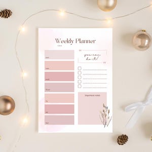 Op de afbeelding: Een weekplanner in roze en witte tinten. Het bevat secties voor elke dag van de week, een notitiegedeelte en de tekst "you can do it!". Decoratieve elementen zijn een bloemenillustratie en een verloopachtergrond.
