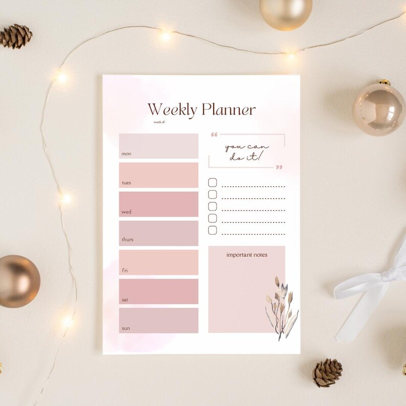 Op de afbeelding: Een weekplanner in roze en witte tinten. Het bevat secties voor elke dag van de week, een notitiegedeelte en de tekst "you can do it!". Decoratieve elementen zijn een bloemenillustratie en een verloopachtergrond.