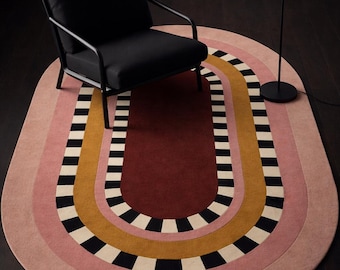 Alfombra geométrica de arco, hecha a mano, con mechones a mano, ovalada, en tonos rosa rubor y mostaza. Arte moderno hecho a mano. Tamaño personalizado: 5x8, 8x10, 9x12 y 10x14.