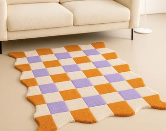 Hand Tufted Wavy Checkered Rug – Retro Checker Carpet Funky Aesthetic Area Rug for Living Room & Bedroom 8x10 9x12 10x14 Custom Size Rug