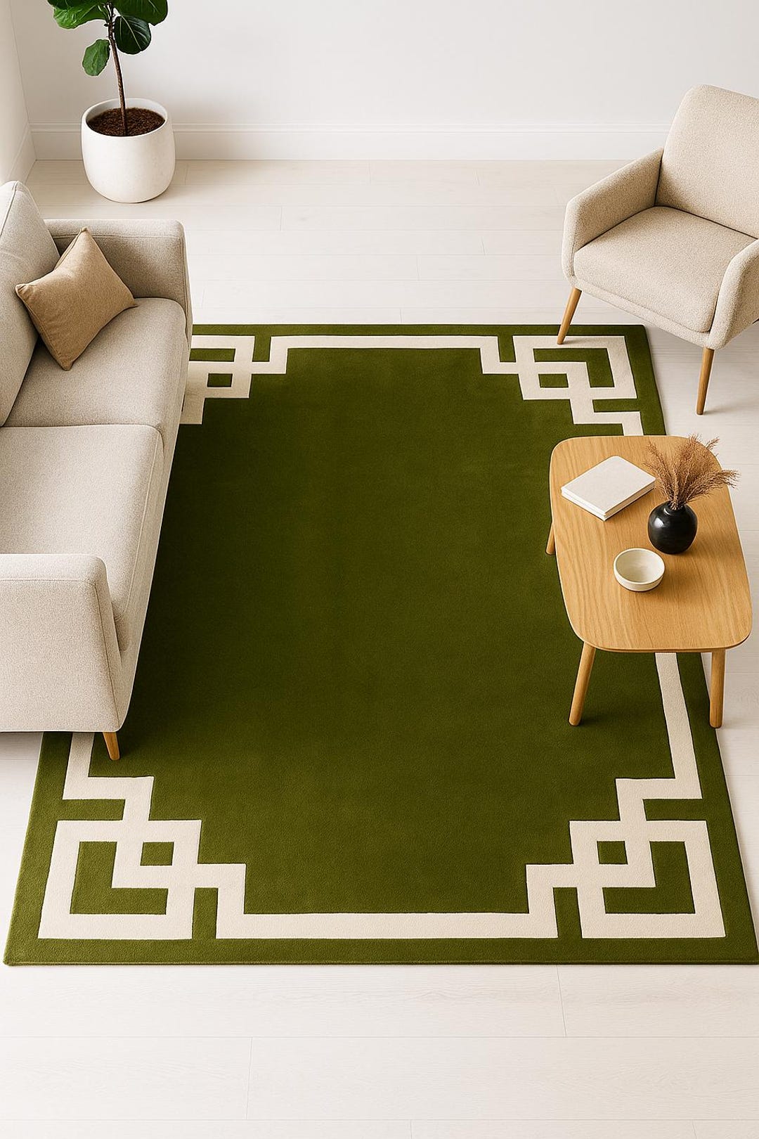 Modern Green Tufted Area Rug Geometric Greek Key Border Carpet | Luxury ...