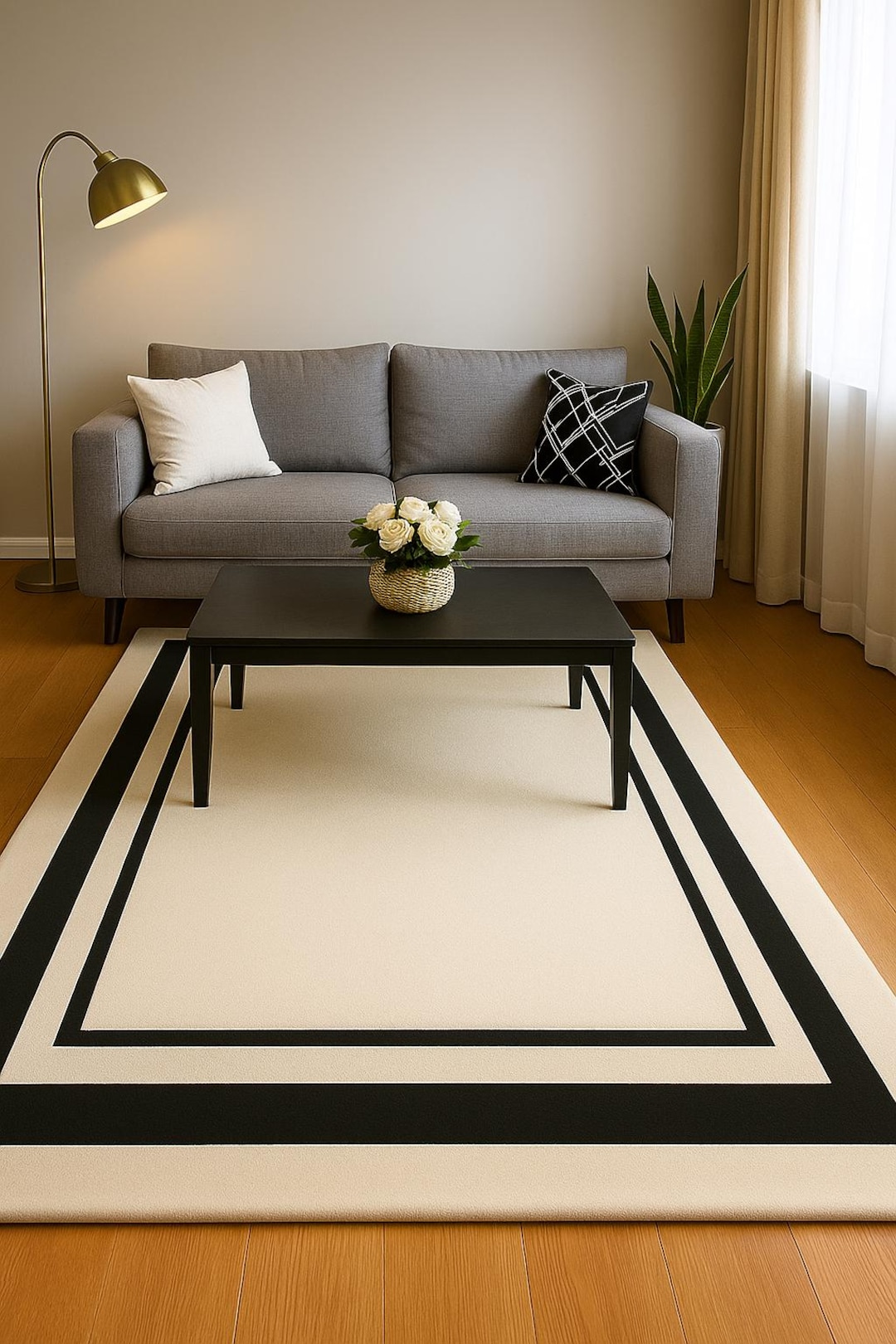 Modern Border Area Rug Black & Cream Hand Tufted Carpet Minimal Neutral ...