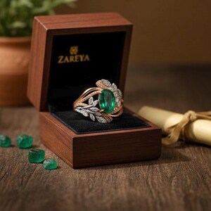May include: A gold ring featuring a large oval emerald gemstone, with diamond and leaf detailing. The ring is presented in a wooden box with the brand name "ZAREYA". The box has a black velvet lining.