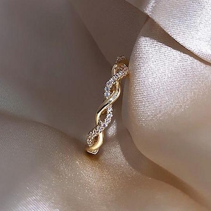 Gold Twist Ring, Pave Braided Eternity Band, Intertwined CZ Stacking Ring, Minimalist Twisted Band, Delicate Wedding Ring for Her