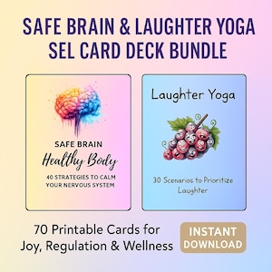 May include: A card deck bundle with the text "SAFE BRAIN & LAUGHTER YOGA SEL CARD DECK BUNDLE". The cards feature illustrations of a brain and a cluster of smiling faces. Text includes "SAFE BRAIN Healthy Body" and "Laughter Yoga".