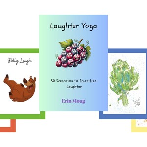 Può includere: Una collezione di stampe artistiche incorniciate con illustrazioni ad acquerello e testo. Le stampe includono una cantante d'opera, un orso che ride, un grappolo d'uva con facce sorridenti, un carciofo e una banana. La stampa centrale recita "Laughter Yoga".