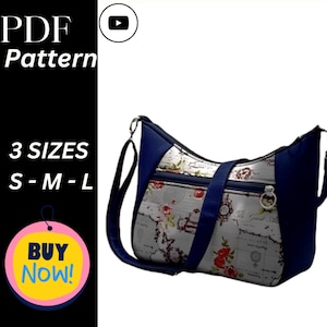 May include: A blue and white shoulder bag with a floral and map design. The bag has a zipper closure and a long strap. The text "PDF Pattern" and "3 Sizes S-M-L" are visible in the image.