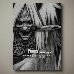May include: Monochrome artwork depicting a demonic figure with a blade, accompanied by the text "Power always comes at a price." The image uses detailed shading to create a dark and intense aesthetic, with a menacing expression.
