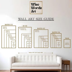 May include: Wall art size guide with various aspect ratios and dimensions in inches and centimeters. Includes sizes for Ratio 2:3, A1-A4, Ratio 4:5, Ratio 3:4, and 11x14. A white sofa is below the guide.