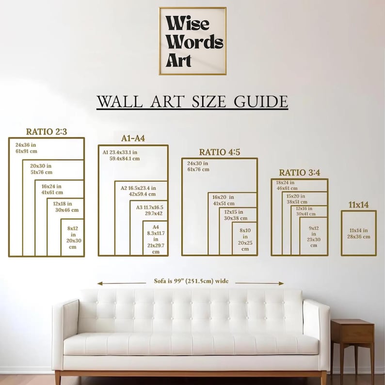 May include: Wall art size guide with various aspect ratios and dimensions in inches and centimeters. Includes sizes for Ratio 2:3, A1-A4, Ratio 4:5, Ratio 3:4, and 11x14. A white sofa is below the guide.