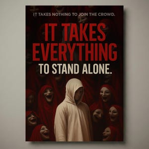 May include: Poster with the text "IT TAKES EVERYTHING TO STAND ALONE." A person in a white hooded garment stands in front of a crowd of people wearing red cloaks and smiling masks. The poster has a dark, dramatic aesthetic.