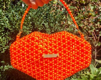 Big Heart – Bright Orange Pearl Beaded Clutch Bag