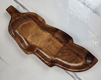 Vintage Hand-Carved Monkey Pod Wood Leaf Tray - 1960s Philippine Tropical Decor