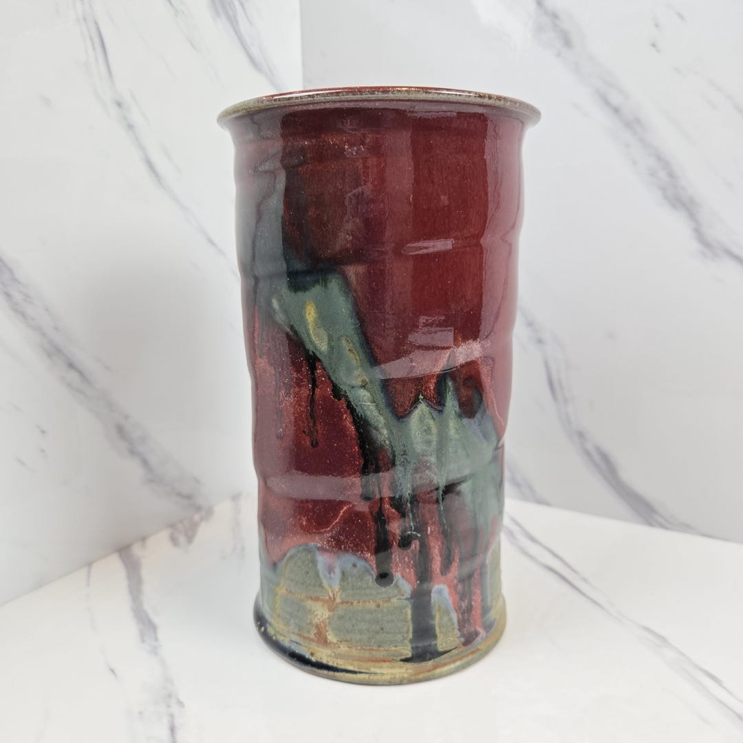 Signed Studio Pottery Vase – Abstract Drip Glaze, Rustic Boho Decor - Etsy