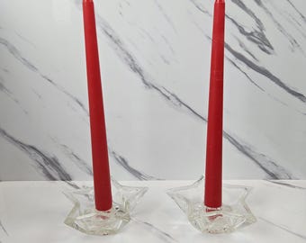 Vintage Hazel Atlas Clear Glass Star Candle Holders - Set of 2