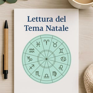 May include: A white card with the Italian text "Lettura del Tema Natale" and a teal zodiac wheel illustration. A pen and a cup of coffee are on the wooden surface.