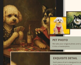 May include: A framed pet portrait depicts two dogs playing poker, a poodle and a husky, in a vintage style. The artwork includes a bottle, glasses, and poker chips. Additional pet photos are displayed. The text reads "PET PHOTO" and "EXQUISITE DETAIL".